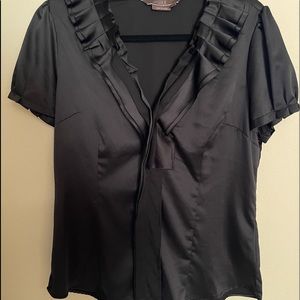 Black Silky Ruffled Button Front Blouse